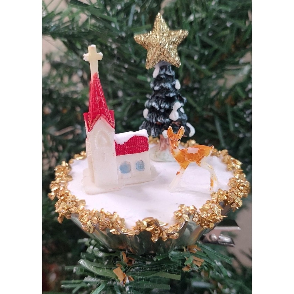 Vintage Deer Clip On Christmas Ornament Chapel Church Winter Scene Tree Snow O3